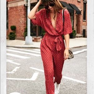 Urban Outfitters wrap red silk belted jumpsuit S